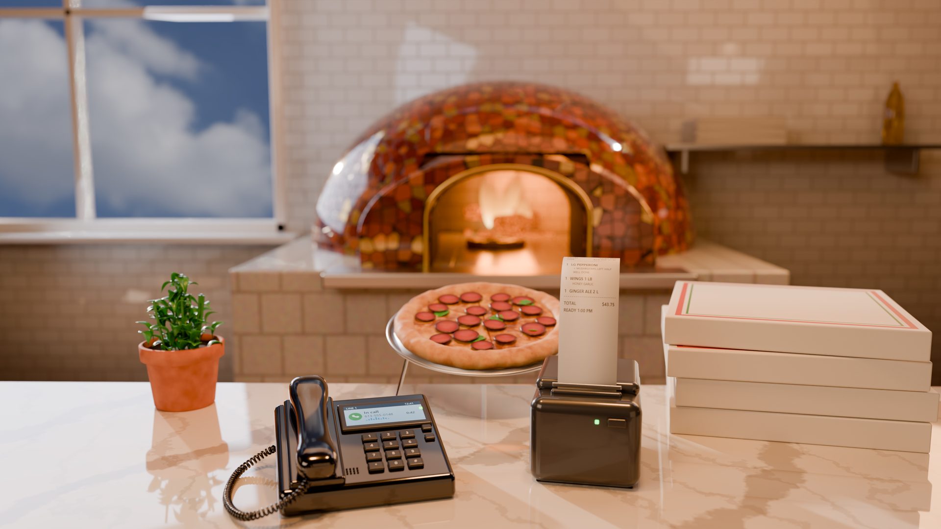 A pizzeria counter in warm afternoon light: a desk phone in a call, a kitchen ticket printing the order, a pepperoni pizza on a stand and a wood-fired oven glowing behind.